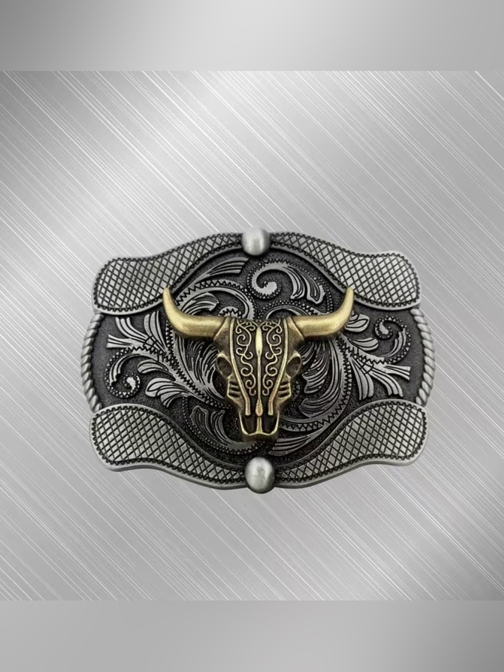 Western Bull Skull Metal Belt Buckle - Two-Tone Silver & Gold